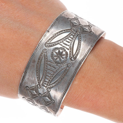 6.75" Antique Navajo Ingot silver heavily stamped wide band cuff bracelet