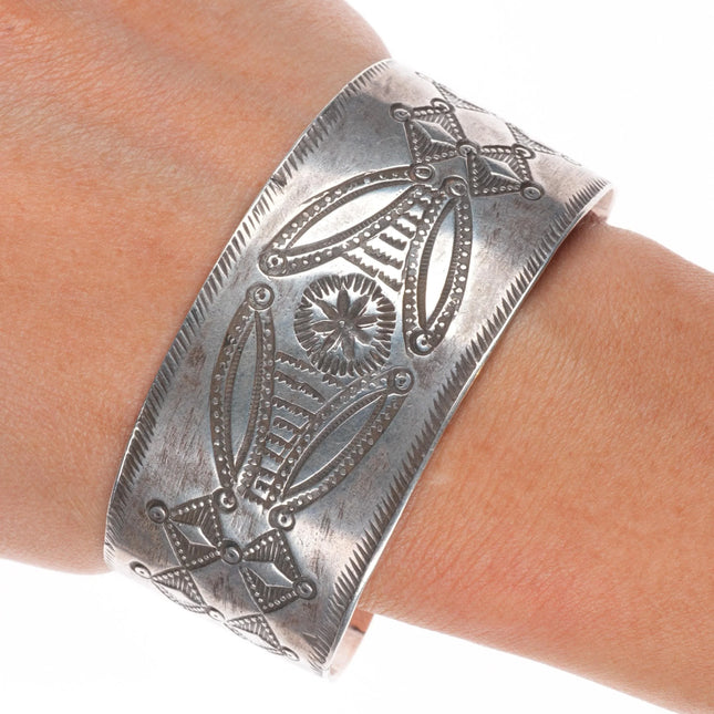 6.75" Antique Navajo Ingot silver heavily stamped wide band cuff bracelet