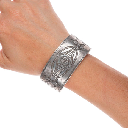 6.75" Antique Navajo Ingot silver heavily stamped wide band cuff bracelet