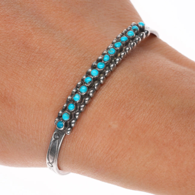 6" 1940's Zuni sterling silver snake eye turquoise row cuff bracelet -