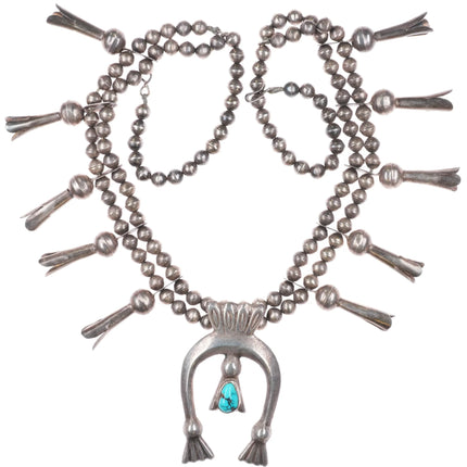 27" c1950's Vintage Navajo sterling silver squash blossom necklace w/turquoise