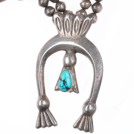 27" c1950's Vintage Navajo sterling silver squash blossom necklace w/turquoise