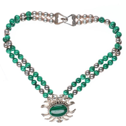 16.5" Retro Carol Felley Sterling silver malachite beaded pendant necklace