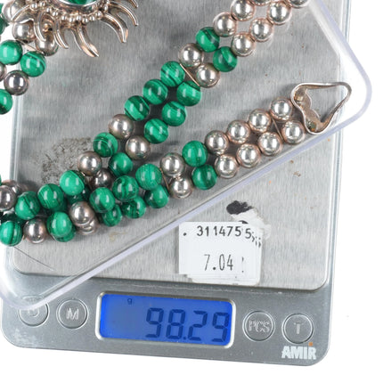 16.5" Retro Carol Felley Sterling silver malachite beaded pendant necklace