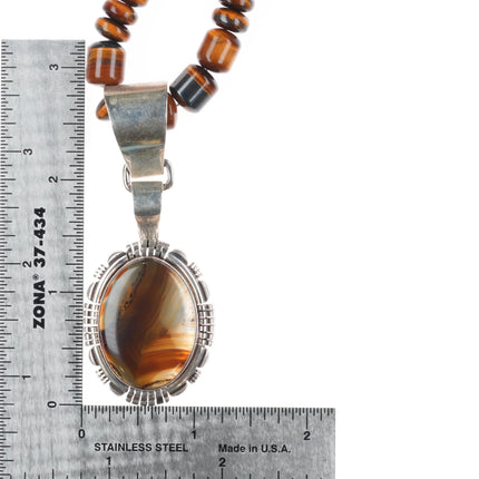 22" Vintage Navajo sterling silver tigers eye beaded necklace w/agate pendant