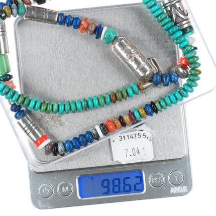 30" Tommy Singer Navajo sterling silver multi-stone turquoise beaded necklace