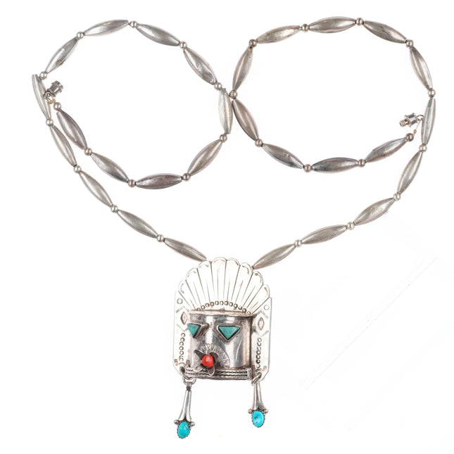 27" Vintage Navajo sterling silver, turquoise/coral Kachina pendant necklace