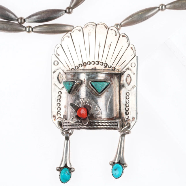 27" Vintage Navajo sterling silver, turquoise/coral Kachina pendant necklace
