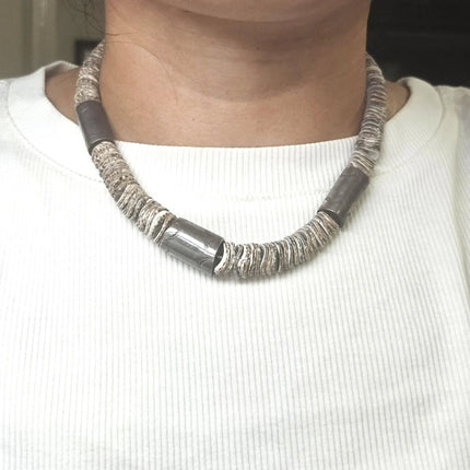 16" Vintage Santo Domingo shell bead stamped sterling silver tube necklace