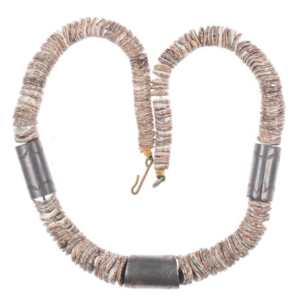 16" Vintage Santo Domingo shell bead stamped sterling silver tube necklace
