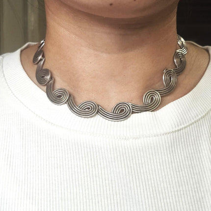 14" Vintage Mid Century Modernist Mexican sterling choker necklace 15mm-16mm