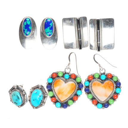 Vintage lot Navajo sterling silver earrings turquoise/spiny oyster, hearts, etc