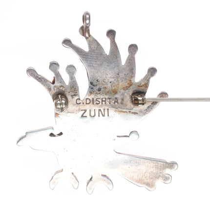 Charlene Dishta Zuni sterling silver turquoise/coral inlay eagle pendant/pin