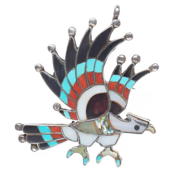 Charlene Dishta Zuni sterling silver turquoise/coral inlay eagle pendant/pin
