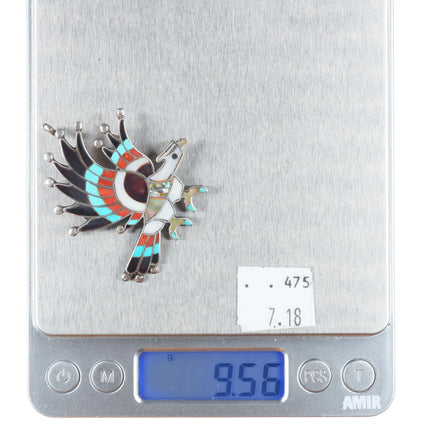 Charlene Dishta Zuni sterling silver turquoise/coral inlay eagle pendant/pin