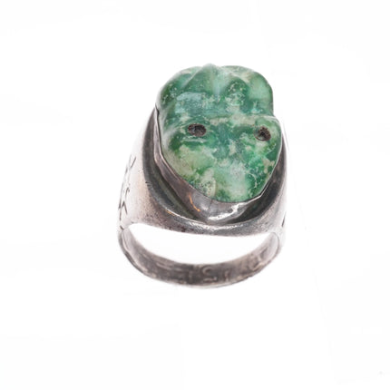 sz12 40's-50's Zuni carved turquoise frog fetish ring sterling silver size 12