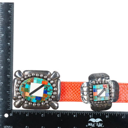 36" Dian Malouf Hammered Sterling silver turquoise intarsia inlay concho belt