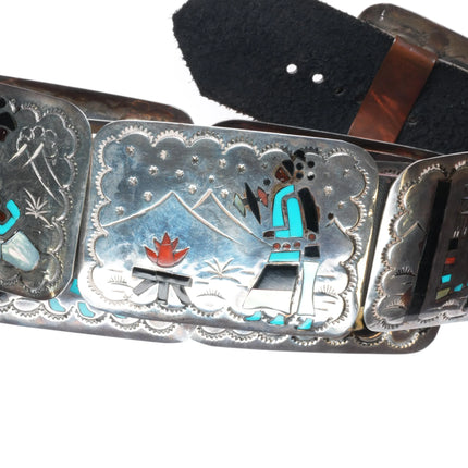 Vintage Benjamin Becenti Navajo sterling silver inlaid storyteller concho belt