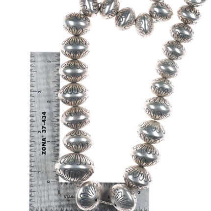 34" Huge Navajo Pearl hand stamped sterling silver graduated beaded necklace