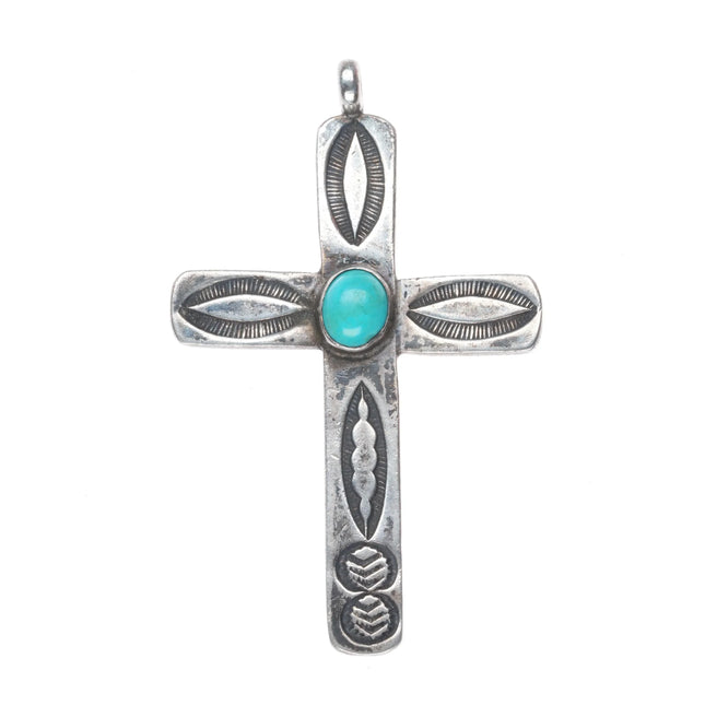 40's-50's Navajo sterling silver stamped cross pendant w/turquoise