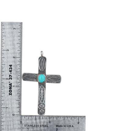 40's-50's Navajo sterling silver stamped cross pendant w/turquoise