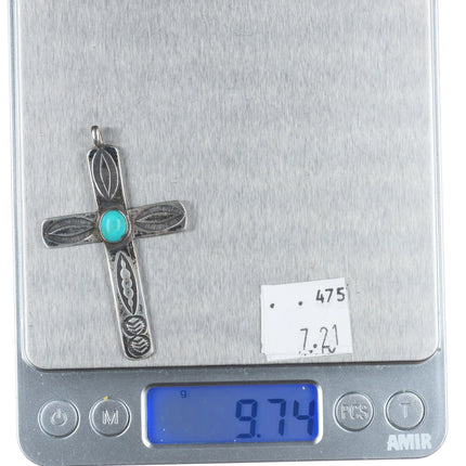 40's-50's Navajo sterling silver stamped cross pendant w/turquoise