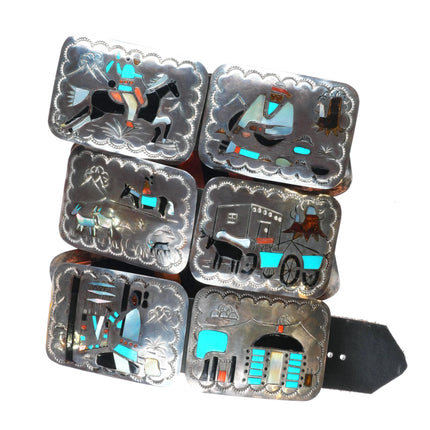 Vintage Benjamin Becenti Navajo sterling silver inlaid storyteller concho belt