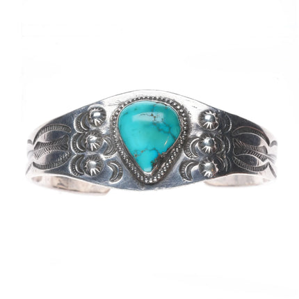 7" c1930's Navajo ingot silver heavily stamped cuff bracelet with turquoise