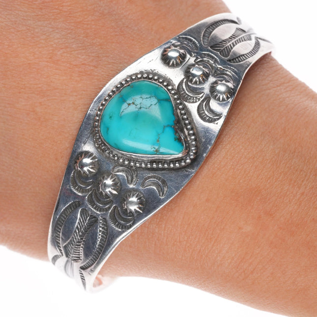 7" c1930's Navajo ingot silver heavily stamped cuff bracelet with turquoise