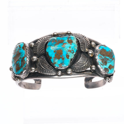 7" Vintage Navajo Morenci turquoise Sterling silver 3 stone cuff bracelet