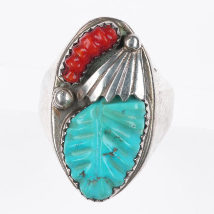 sz11  Loyolita Tsatte Zuni carved turquoise/coral sterling silver ring