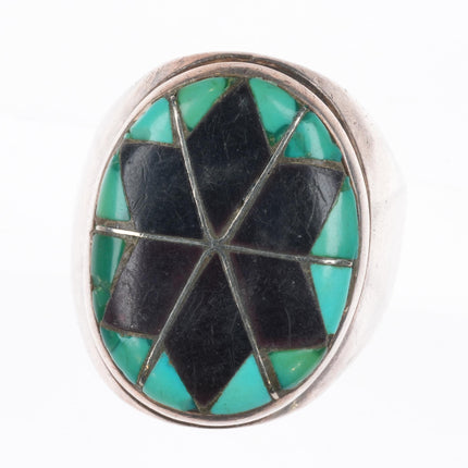 sz11  Vintage Zuni star turquoise/jet channel inlay men's ring sterling silver