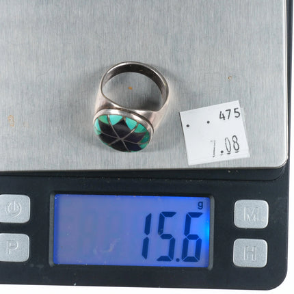 sz11  Vintage Zuni star turquoise/jet channel inlay men's ring sterling silver