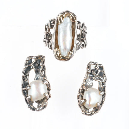 sz9 Sterling silver/14k gold Retro Brutalist baroque pearl ring/earrings set