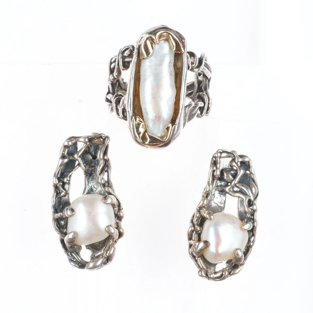 sz9 sterling silver/14k gold Retro Brutalist baroque pearl ring/earrings set