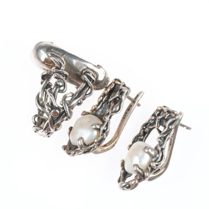 sz9 Sterling silver/14k gold Retro Brutalist baroque pearl ring/earrings set