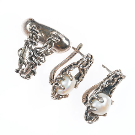 sz9 Sterling silver/14k gold Retro Brutalist baroque pearl ring/earrings set