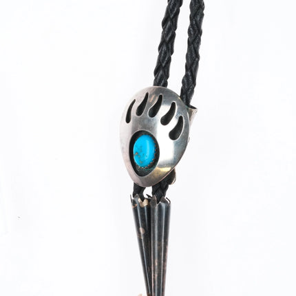 Vintage Navajo sterling silver bear paw shadowbox turquoise bolo tie