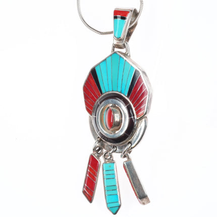 Don Dewa Zuni spinner pendant turquoise/coral/sterling silver sunface