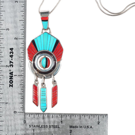 Don Dewa Zuni spinner pendant turquoise/coral/sterling silver sunface