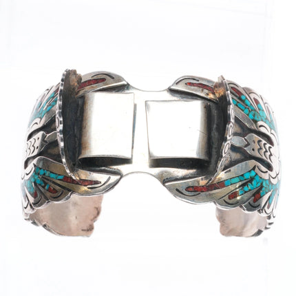 7" Vintage Navajo sterling silver peyote bird chip inlay watch cuff bracelet