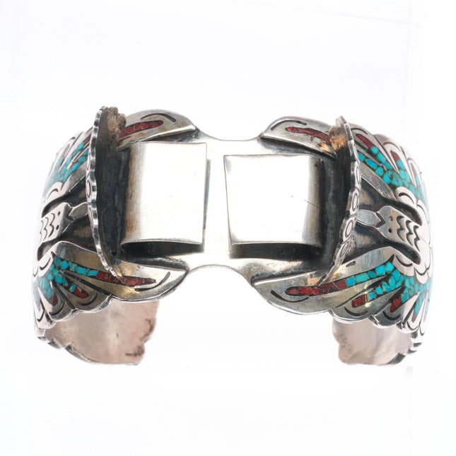 7" Vintage Navajo sterling silver peyote bird chip inlay watch cuff bracelet