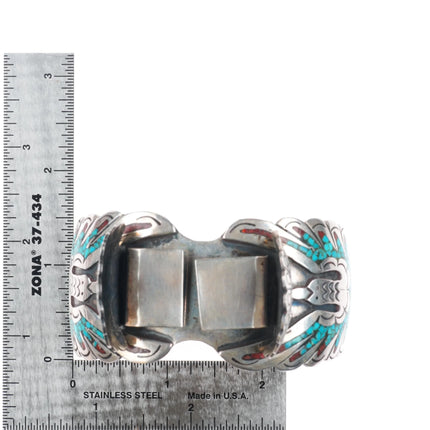 7" Vintage Navajo sterling silver peyote bird chip inlay watch cuff bracelet