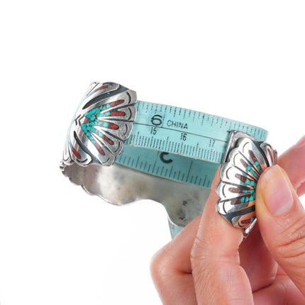 7" Vintage Navajo sterling silver peyote bird chip inlay watch cuff bracelet