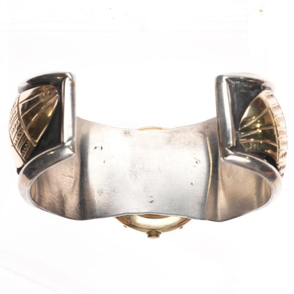 7.2" Vintage 14k gold/Sterling Navajo turquoise watch cuff bracelet w/ Breguette