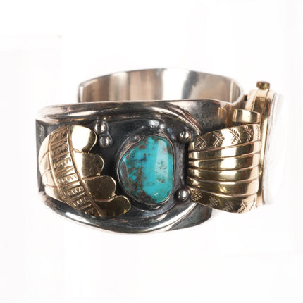 7.2" Vintage 14k gold/Sterling Navajo turquoise watch cuff bracelet w/ Breguette