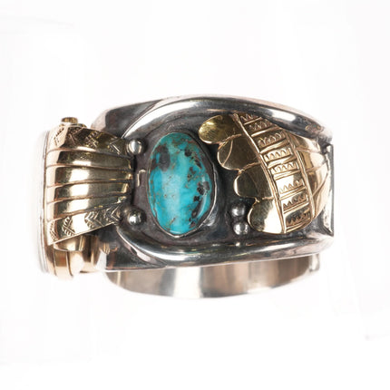 7.2" Vintage 14k gold/Sterling Navajo turquoise watch cuff bracelet w/ Breguette