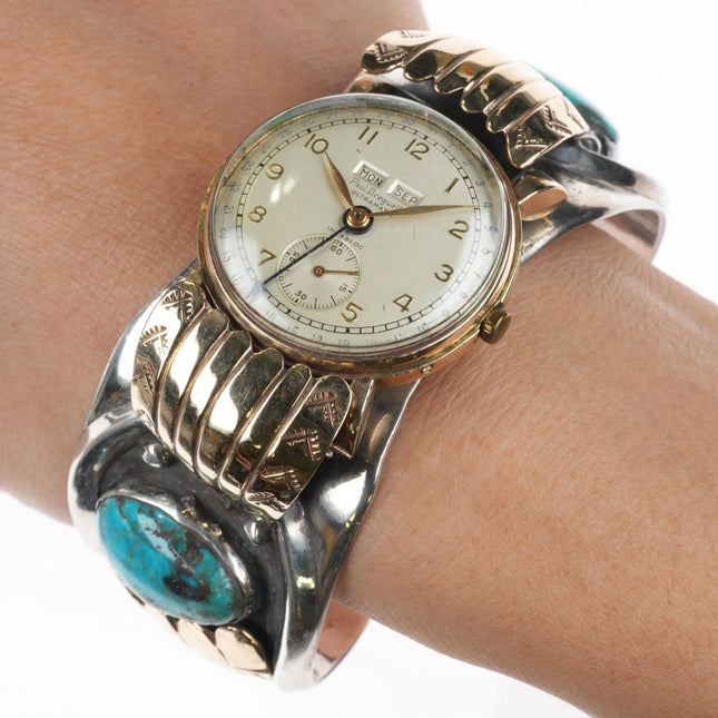 7.2" Vintage 14k gold/Sterling Navajo turquoise watch cuff bracelet w/ Breguette