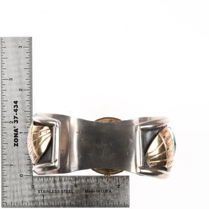 7.2" Vintage 14k gold/Sterling Navajo turquoise watch cuff bracelet w/ Breguette