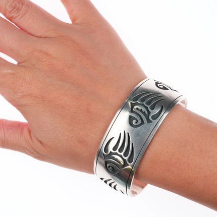 7" Nathan Fred Hopi Overlay bear paw cuff bracelet sterling silver